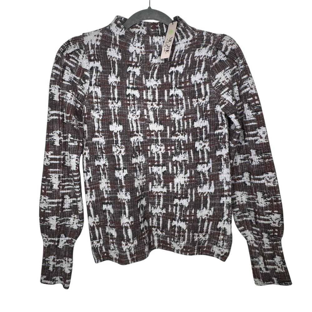 NIC+ZOE Waffle Stitch Stamp Mockneck Sweater Women XS Puff Sleeve Grey Multi NWT